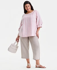 Charter Club Plus Linen Multi-Stripe Roll-Tab-Sleeve Top, Macy's Exclusive
