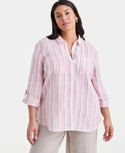 Charter Club Plus Linen Multi-Stripe Button-Front Shirt, Macy's Exclusive