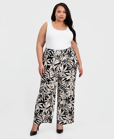 Kasper Plus Printed Pull-On Wide-Leg Ankle Pants