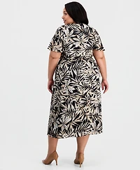 Kasper Plus Printed V-Neck Flutter-Sleeve Dress