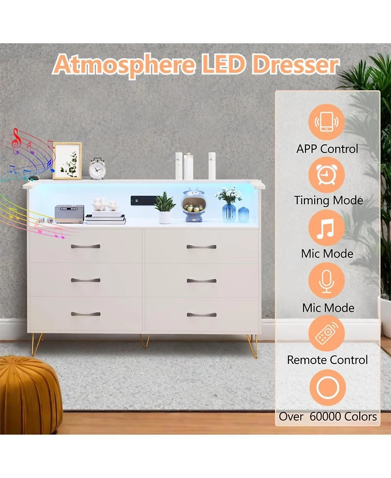 gaomon 6 Drawer Dressers for Bedroom,Dresser with Led Lights Power Outlet,6-Drawer Wooden Chest 2-Tier Open Shelf