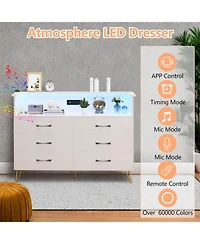 gaomon 6 Drawer Dressers for Bedroom,Dresser with Led Lights Power Outlet,6-Drawer Wooden Chest 2-Tier Open Shelf