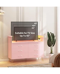 gaomon 6 Drawer Dressers for Bedroom,Dresser with Led Lights Power Outlet,6-Drawer Wooden Chest with 2-Tier Open Shelf