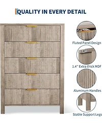 gaomon Fluted 5 Drawer Dresser, 45 Tall Slim Dresser for Small Spaces, Modern Farmhouse Wooden Chest of Drawers Bedroom Nursery Apartment, Easy