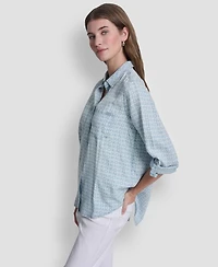 Dkny Jeans Women's Garment-Dye & Print Split-Back Button-Front Shirt