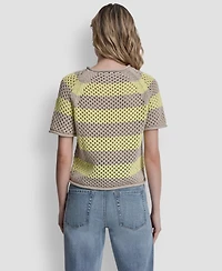 Dkny Jeans Women's Stripe Pointelle Cropped Pull-On Sweater