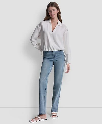 Dkny Jeans Women's Cropped Long-Sleeve V-Neck Shirt