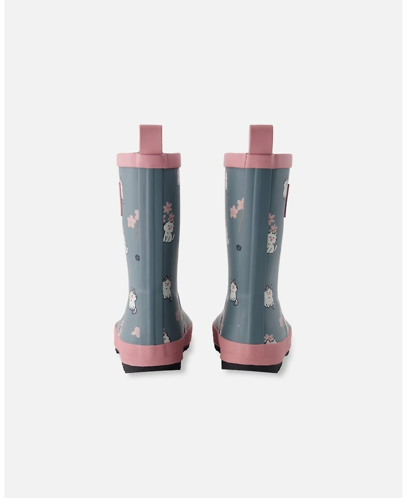 Deux par Little Girls Rain Boots Natural Rubber Green Cat Print