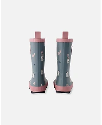 Deux par Little Girls Rain Boots Natural Rubber Green Cat Print