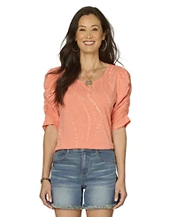 Democracy Petite Printed Ruched-Sleeve Scoop-Neck Top