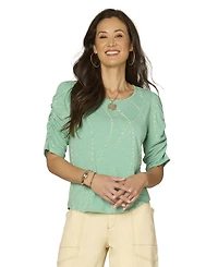 Democracy Petite Printed Ruched-Sleeve Scoop-Neck Top