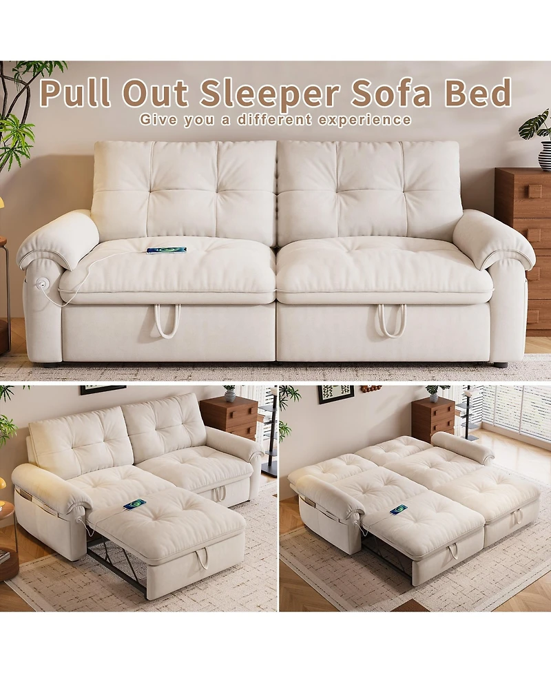 Boyel Living Multifunctional Sofa Bed, 77-inch Modern Velvet Fabric Convertible Sofa Couches, 2-in-1 Pull Out Sofa Bed with Usb Charger, Beige