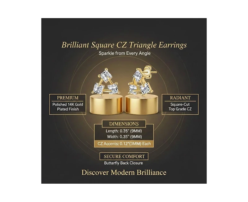 Rachel Glauber Brilliant Square Cz Triangle Earrings in 14K Gold Plated
