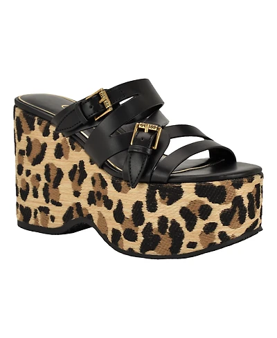Guess Women's Nailah Strappy Buckles Cork Platform Wedge Sandal