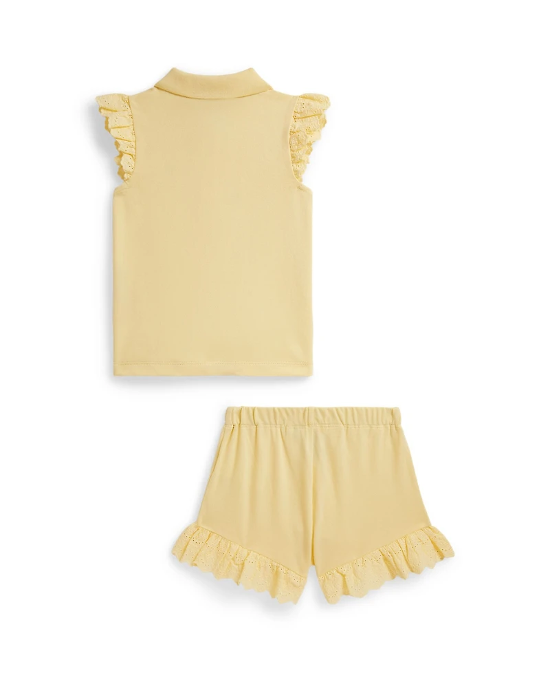 Polo Ralph Lauren Girls' 2T-6X Eyelet Stretch Mesh Shirt and Shorts, 2-Piece Set