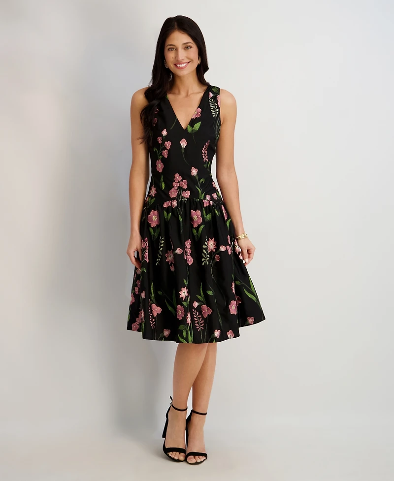 kensie Women's Embroidered V-Neck Dress