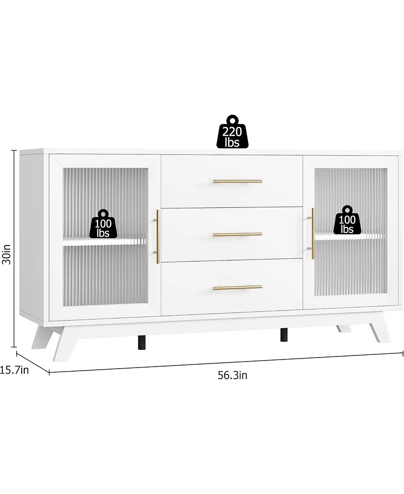 Gaomon 56" Large Sideboard Buffet with Drawer, Buffet Storage Cabinet with Adjustable Shelves and Fluted Glass Door, Modern Coffee Bar Cabinet