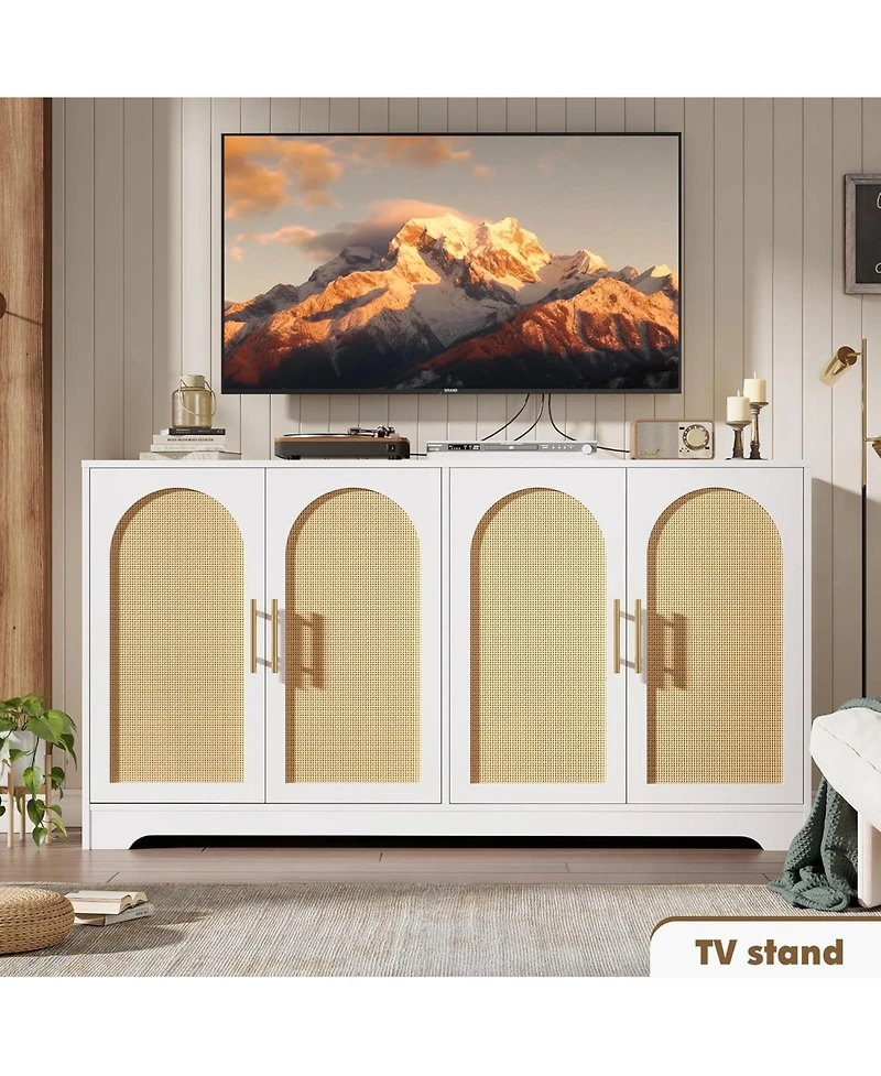 gaomon 59" Sideboard Buffet Cabinet with 4 Rattan Doors, Modern Credenza Coffee Bar for Living Room