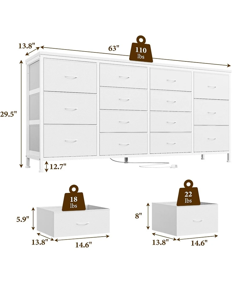 gaomon 63" W Dresser Tv Stand for 65 70 75 Inch Tv, 14 Drawer Bedroom with Power Outlets, Large Long Fabric Entertainment