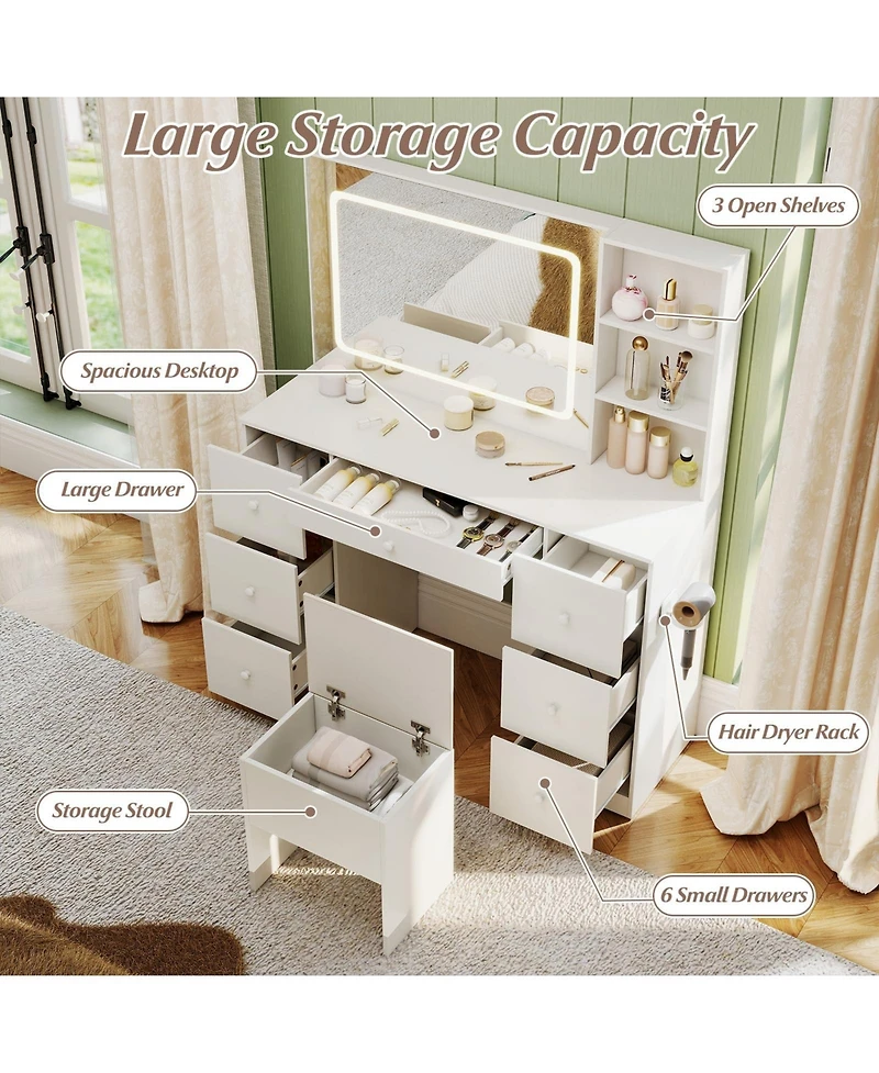 Volenca Vanity Desk and Stool Set with Lighted Mirror, Makeup Dressing Table