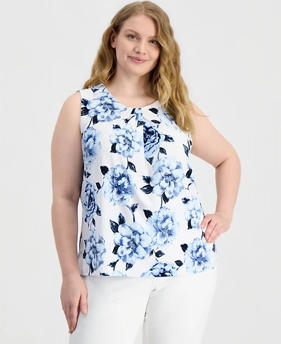 Anne Klein Plus Pleated-Neck Sleeveless Knit Top