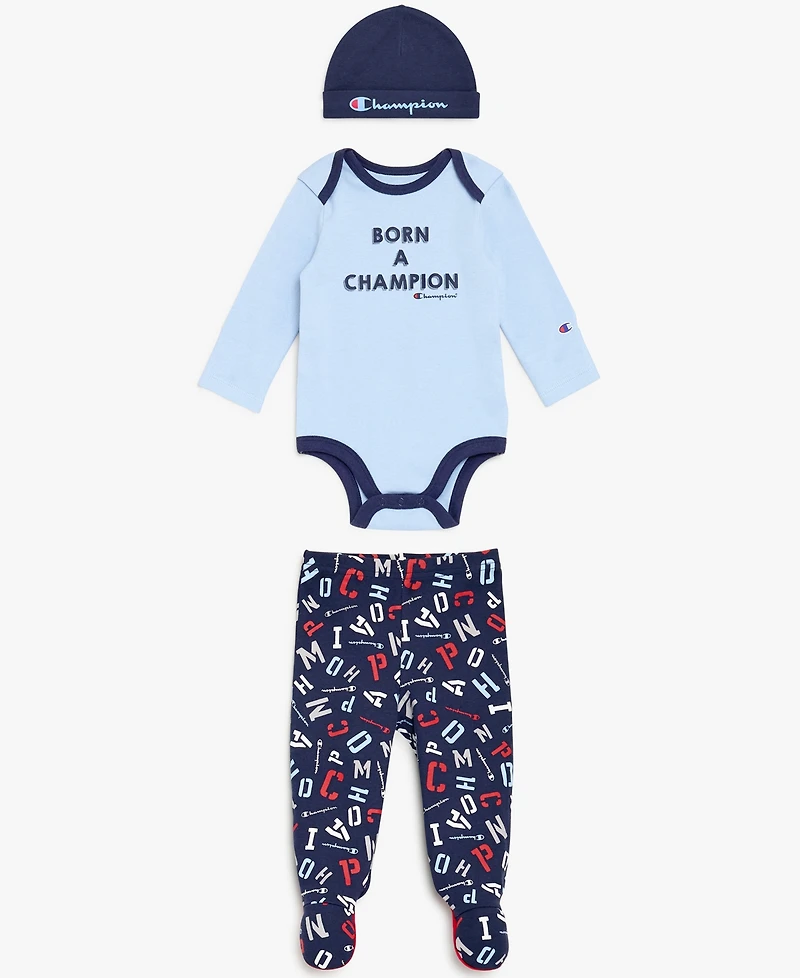 Champion Baby Boys' Round Neck Long-Sleeve Bodysuit Pants & Hat, 3-Piece Set