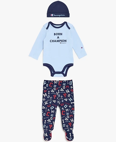 Champion Baby Boys' Round Neck Long-Sleeve Bodysuit Pants & Hat, 3-Piece Set
