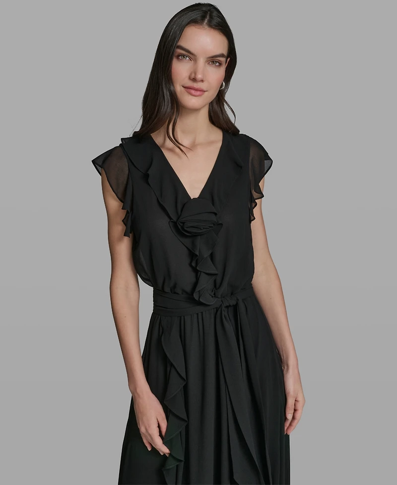 Karl Lagerfeld Paris Women's V-Neck Ruffle Trim Dress