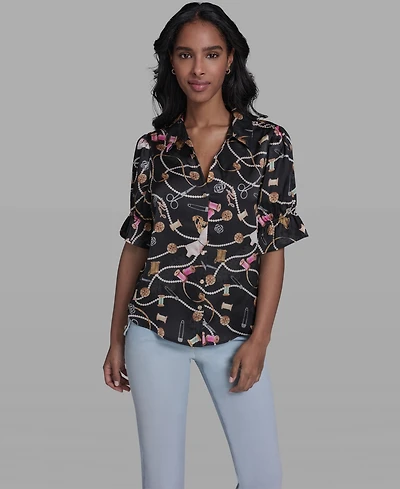 Karl Lagerfeld Paris Women's All-Over Printed Button Front Blouse