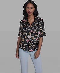 Karl Lagerfeld Paris Women's All-Over Printed Button Front Blouse