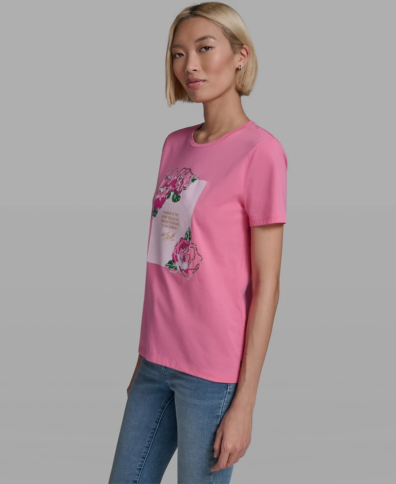 Karl Lagerfeld Paris Women's Rose Print Crew Neck T-Shirt