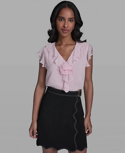 Karl Lagerfeld Paris Women's Ruffle Rosette Trim V-Neck Blouse