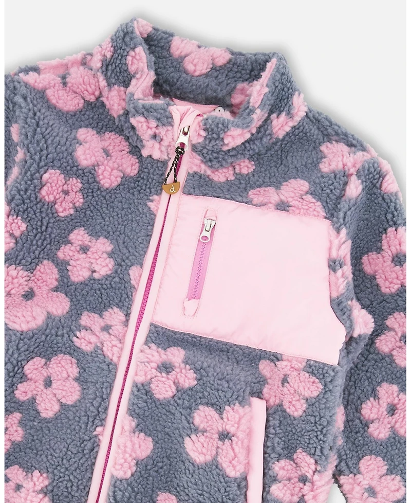 Deux par Girls Sherpa Jacket Pink Flowers