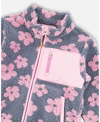 Deux par Girls Sherpa Jacket Pink Flowers