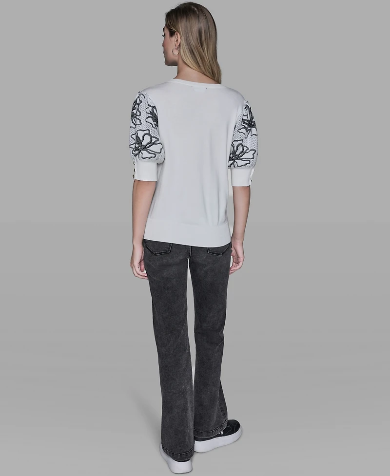 Karl Lagerfeld Paris Women's Floral Short-Sleeve Sweater