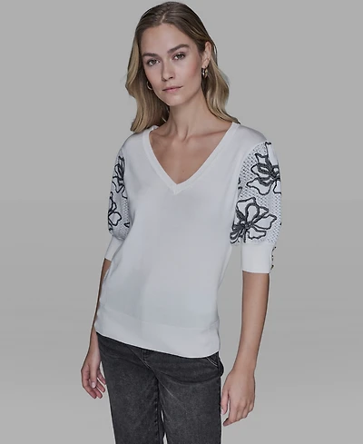 Karl Lagerfeld Paris Women's Floral Short-Sleeve Sweater
