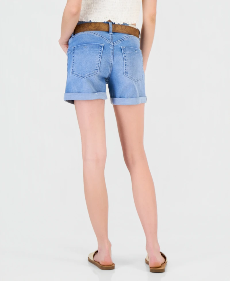 Dollhouse Juniors' Belted Cuffed Denim Shorts