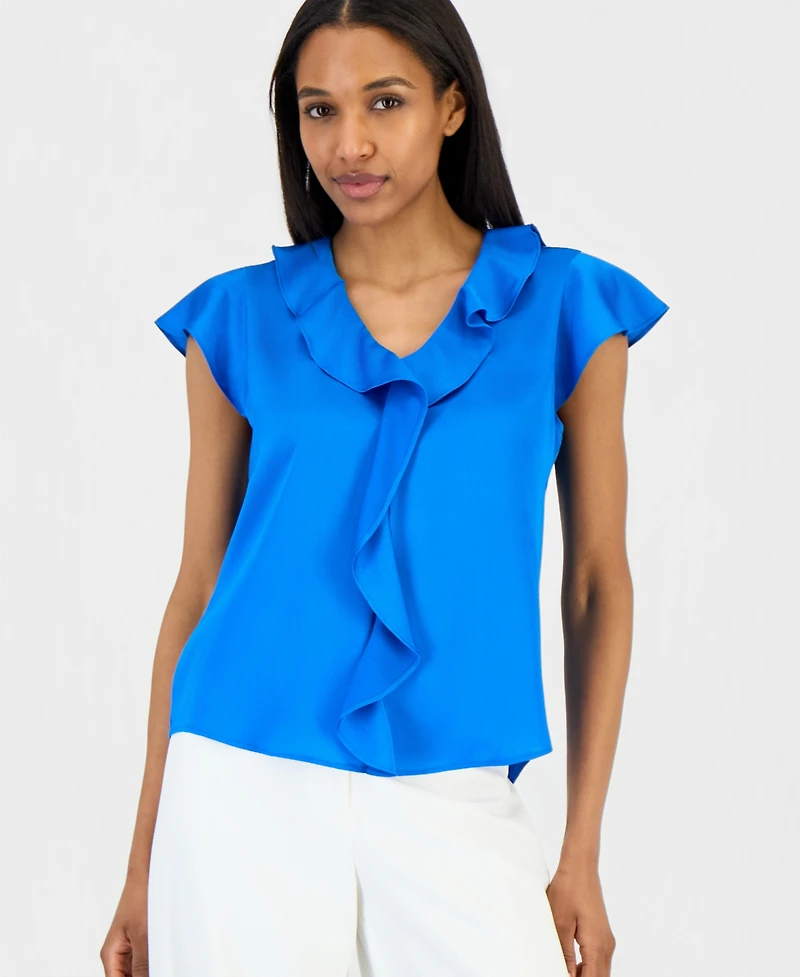 Tahari Asl Women's Ruffle-Trim Cap-Sleeve Blouse
