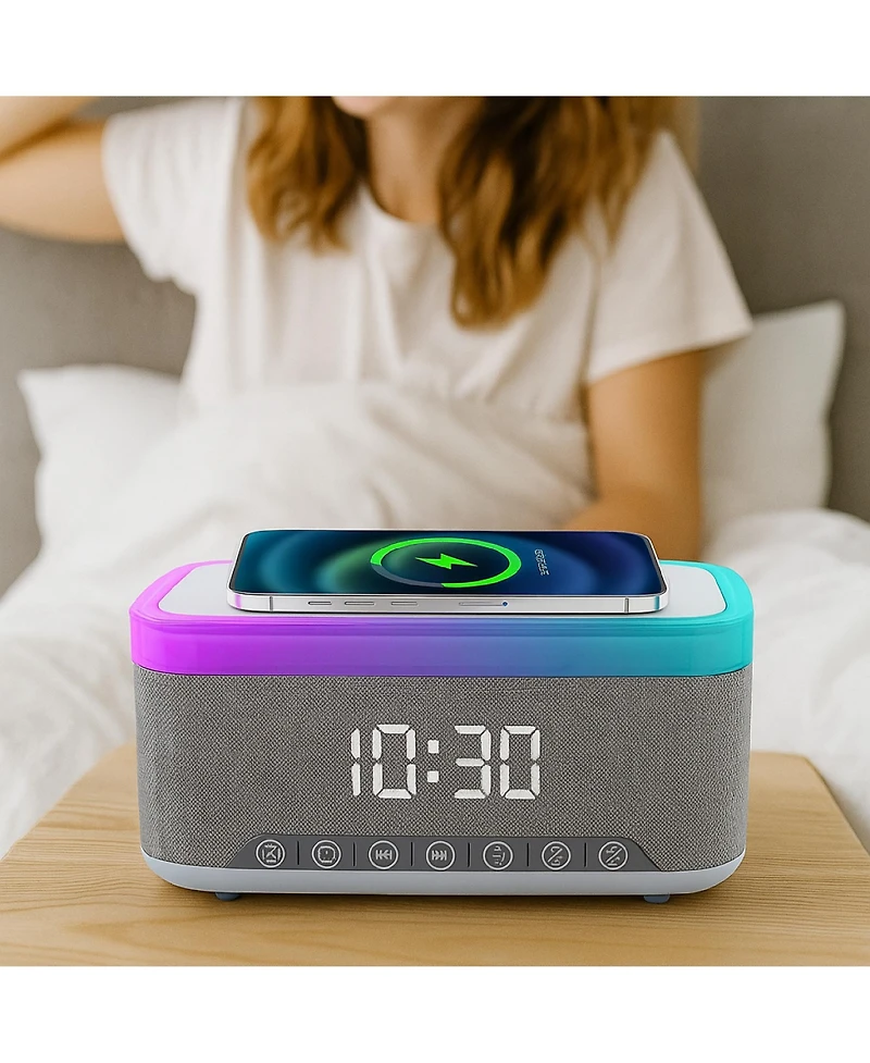 Pursonic Complete Wireless Audio & Charging Bundle – Alarm Clock Radio Speaker with Wireless Charger + Earbuds