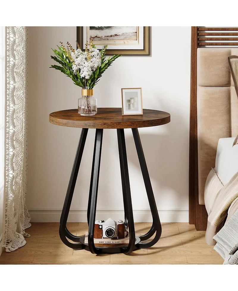 Tribesigns Small Round Side Table, 2-Tier Sofa End Table with Metal Frame and Lower Shelf, Wooden Bedside Nightstand, Vintage Brown & Black