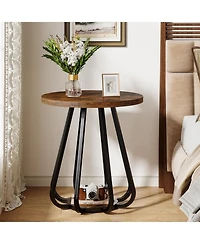 Tribesigns Small Round Side Table, 2-Tier Sofa End Table with Metal Frame and Lower Shelf, Wooden Bedside Nightstand, Vintage Brown & Black