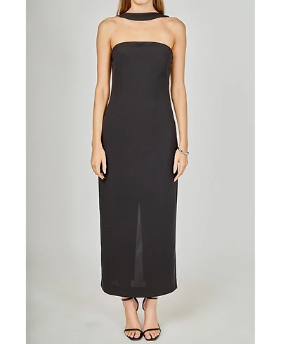 endless rose Women's Neck Detail Fitted Maxi Dress