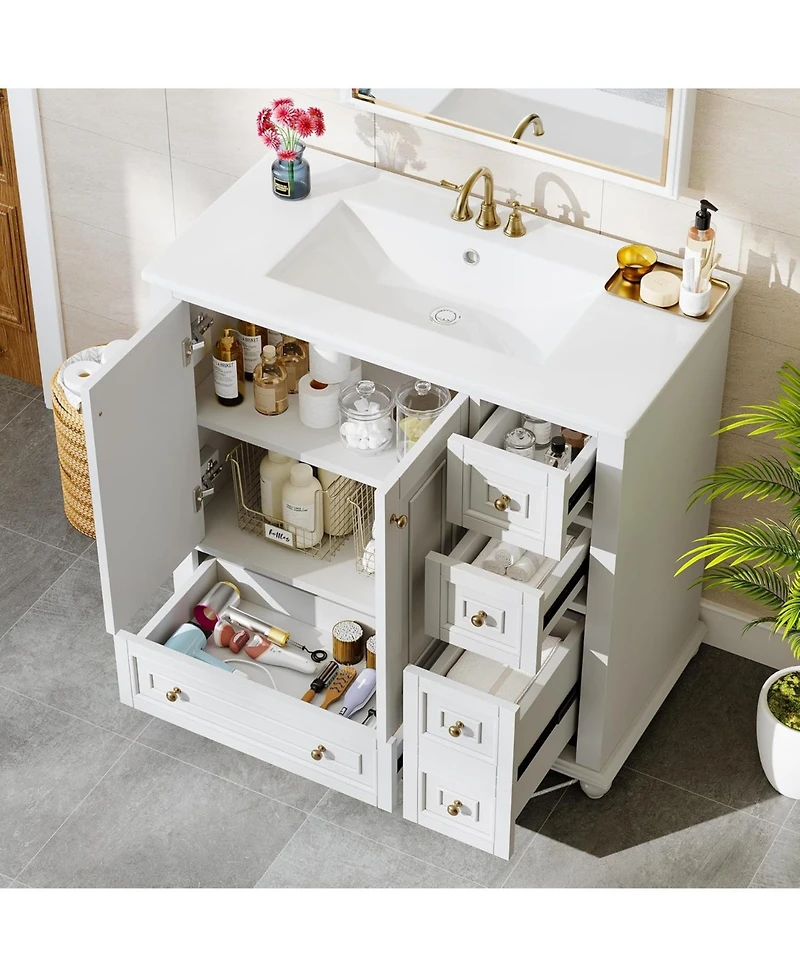 Tribesigns 36-Inch Bathroom Vanity with Ceramic Sink Combo, Freestanding Bathroom Storage Vanity Cabinet with 2 Doors & 4 Drawers And Undermount Sink