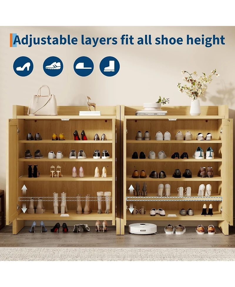 Gaomon Entryway Rattan Shoe Cabinet, Wooden Storage with Adjustable Shelves and Guardrail Top, Freestanding Hallway Rack