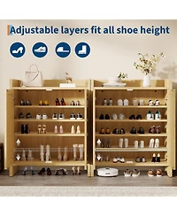 Gaomon Entryway Rattan Shoe Cabinet, Wooden Storage with Adjustable Shelves and Guardrail Top, Freestanding Hallway Rack