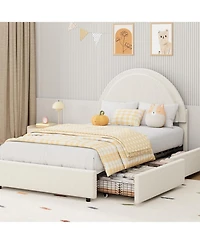 gaomon Boucle Bed Frame with 2 Storage Drawers, Soft Upholstered Platform Round Headboard, Heavy Duty, Wooden Slats