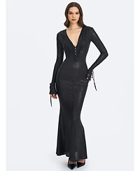 Miss Circle Women's Ilysia Black V-Neck Plunge Snakeskin Mermaid Hem Maxi Dress