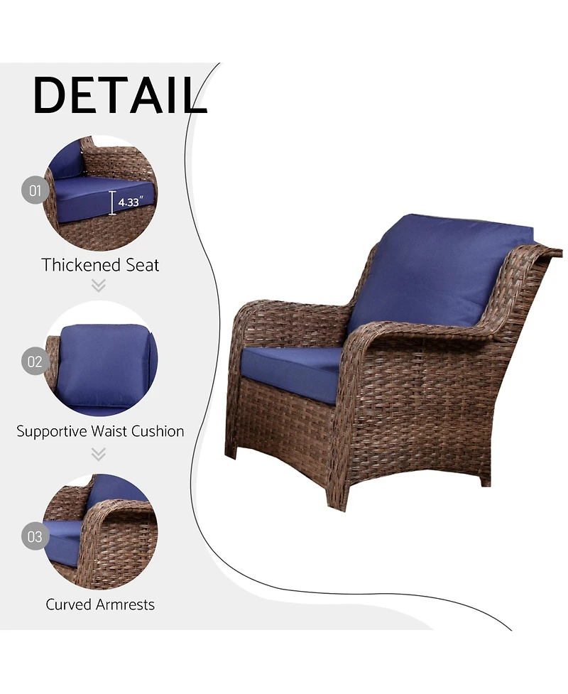 Flynama 5 Piece Rattan Outdoor Sectional Conversation Set 3 Seat Couch Single Chairs Ottomans Gray Navy for Lawn Garden Backyard