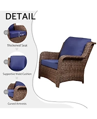 Flynama 5 Piece Rattan Outdoor Sectional Conversation Set 3 Seat Couch Single Chairs Ottomans Gray Navy for Lawn Garden Backyard