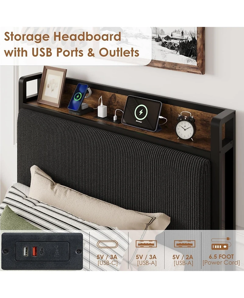 Twin Bed Frame with 2 Storage Drawers and Charging Station, Rustic Velvet Upholstered Platform Bedframe Headboard, No Box Spring